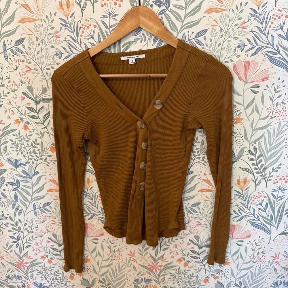 O'Neill Ribbed Button Front Long Sleeve Top Brown‎ Mustard